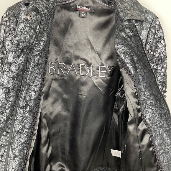 Bradley Bayou Black Silver Metallic Leather Moto Jacket with Rhinestones XS - Picture 4 of 13